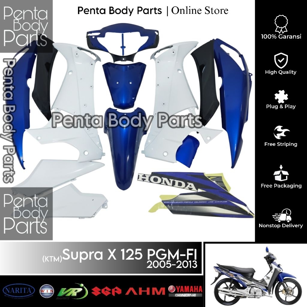 Full Set Cover Body Halus Supra X 125 PGM-FI (KTM) Biru Putih Hitam - Ful Set Bodi Supra X 125 Lama 