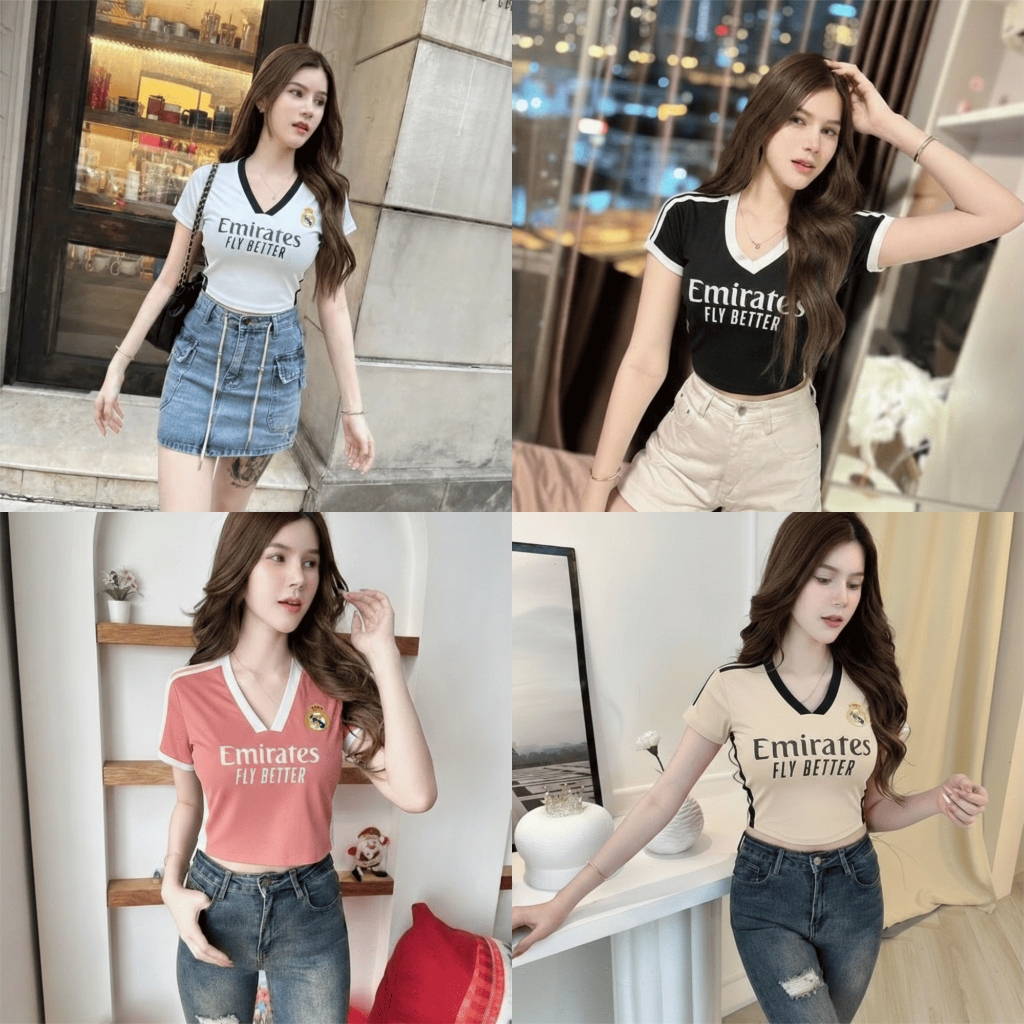 Crop Top Vneck Bahan Stretch Real Madrid Wanita Emirates - Fans Club Football Edition, Crop Body Fit