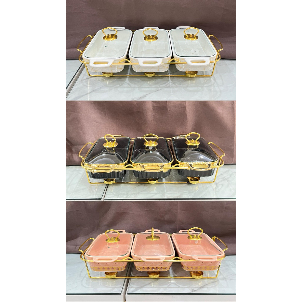 (garansi pecah) prasmanan keramik set isi 3 dengan rak warna gold marbel marble diamond sultan mewah