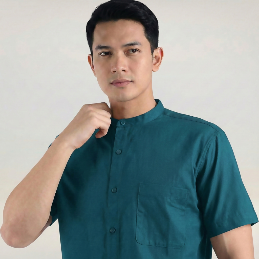 Kemeja Koko Modern Pria Katun Adem Lengan Pendek - Biru Zamrud