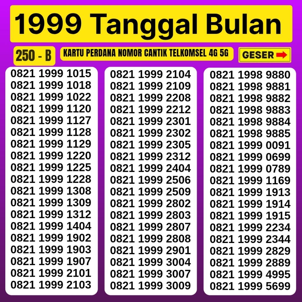 Kartu Perdana Nomor Cantik Telkomsel Panca Super 1999 Tanggal Bulan Kartu Perdana Telkomsel Tsel Red