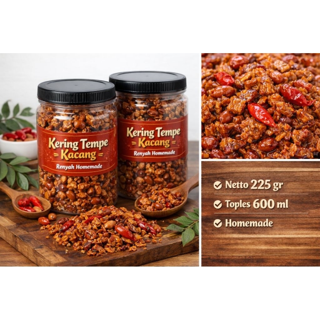 Kering Tempe Kacang 225gr Toples | Orek Tempe Manis Gurih | Daun Kari Renyah Homemade