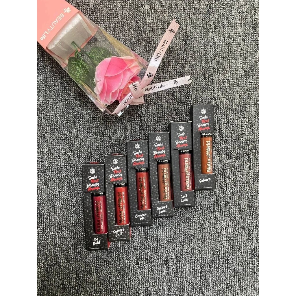 1 PAKET LIPMATTE NATURAWORLD ORIGINAL 6 SHADE WARNA – Ultra Smooth Matte Lip Cream Tahan Lama, Trans