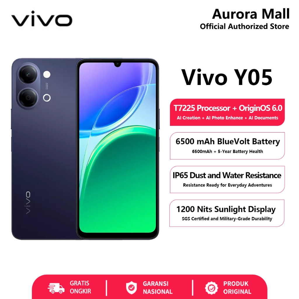 Hp Vivo Y05 4/64GB 4/128GB RAM 4GB+4GB Extended ROM 128GB Garansi Resmi Terbaru 2026 Ori Murah COD
