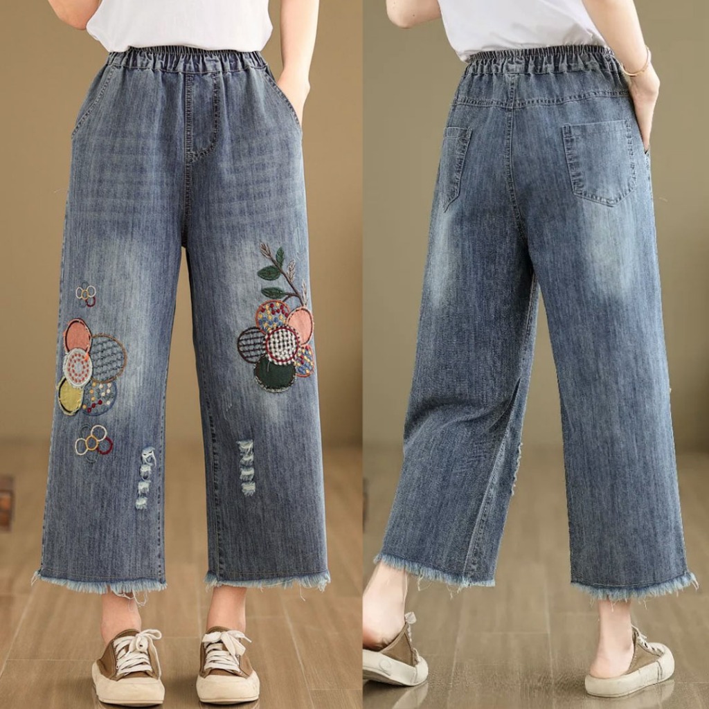 CELANA KULOT PIPA SOFT JEANS BORDIR APLIKASI BUNGA PATCHWORK KOREA IMPORT