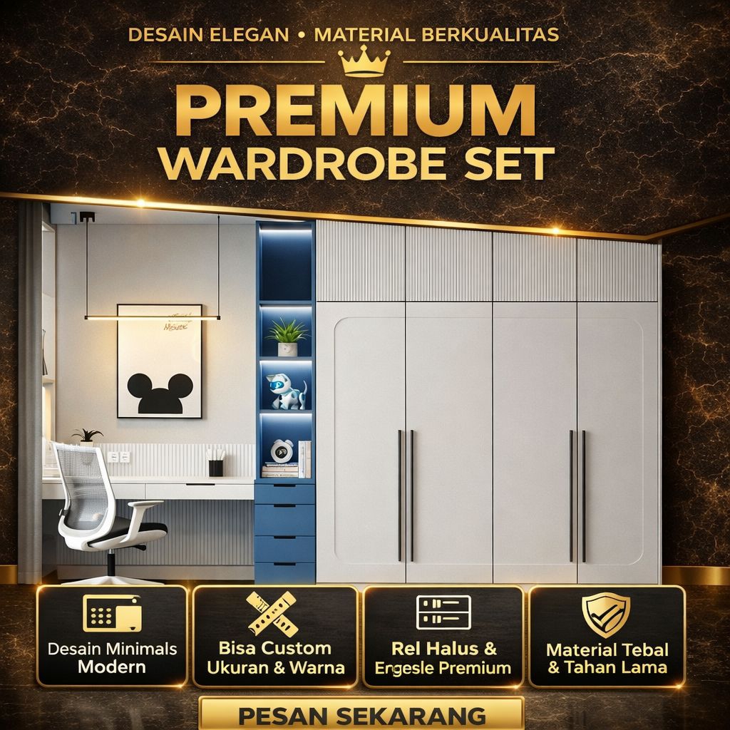 Lemari Pakaian Custom Minimalis Modern + Meja Belajar Built In – Wardrobe Premium Full Set