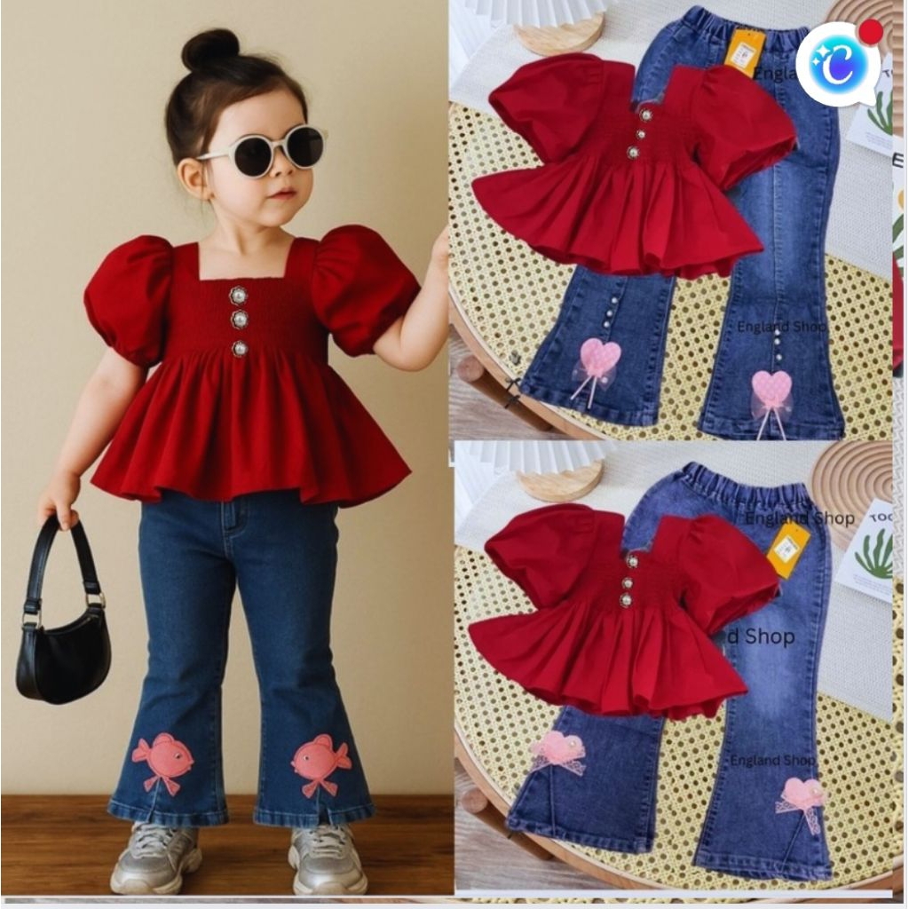 Setelan celana jeans baju kerut sabrina anak perempuan import ala korean style