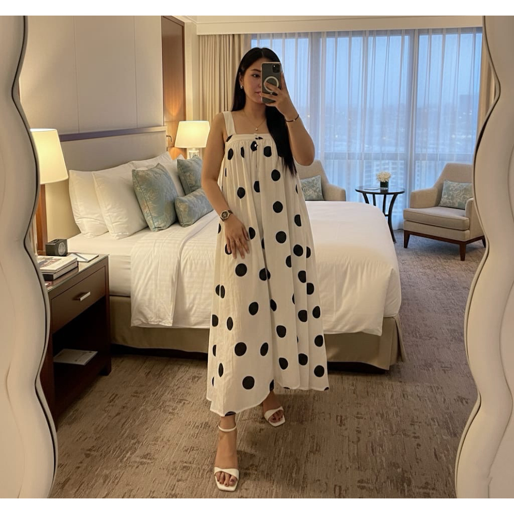 dress polka linen, tanpa lengan