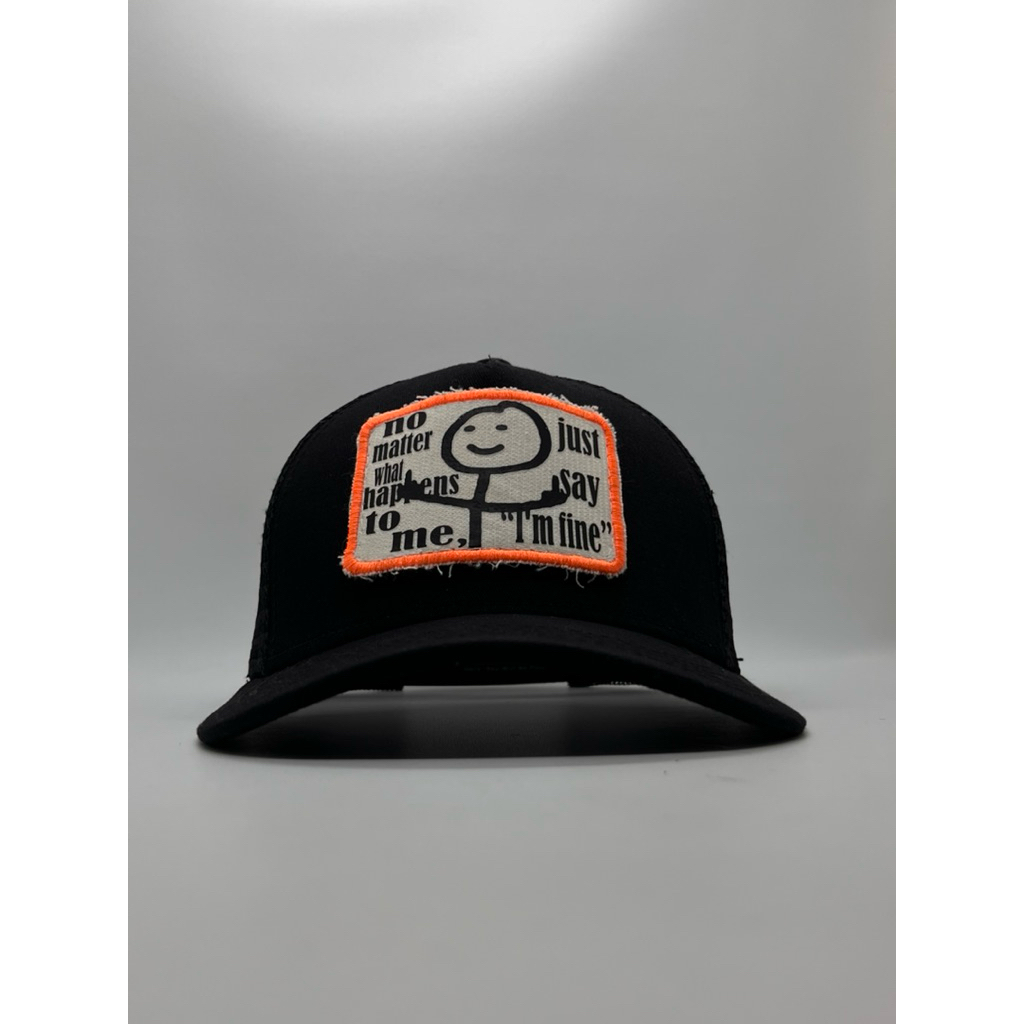 Fine Topi Jaring Premium Blok Putih Garis Orange Trucker Hat Clothing "I Am Fine"