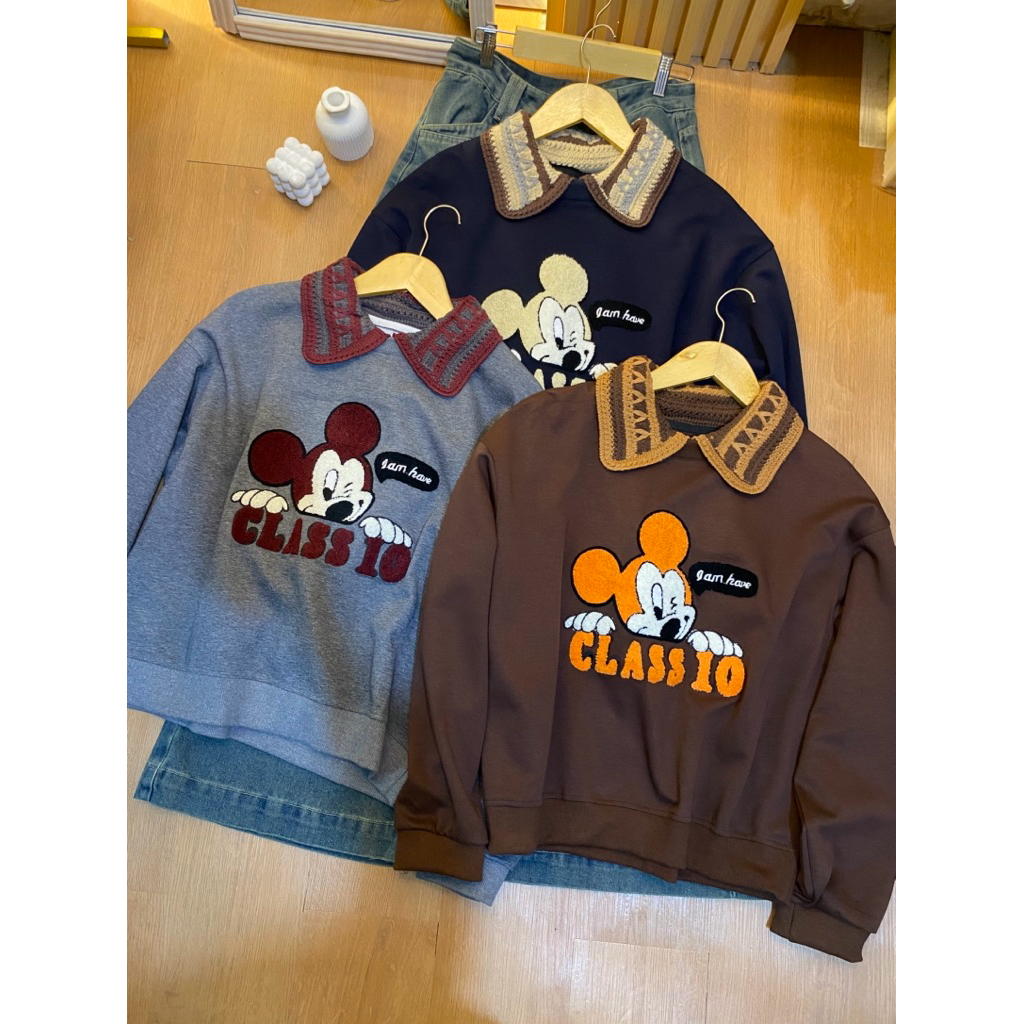 Atasan Mickey Mouse Krah Sulam/Sweater Kaos Wanita