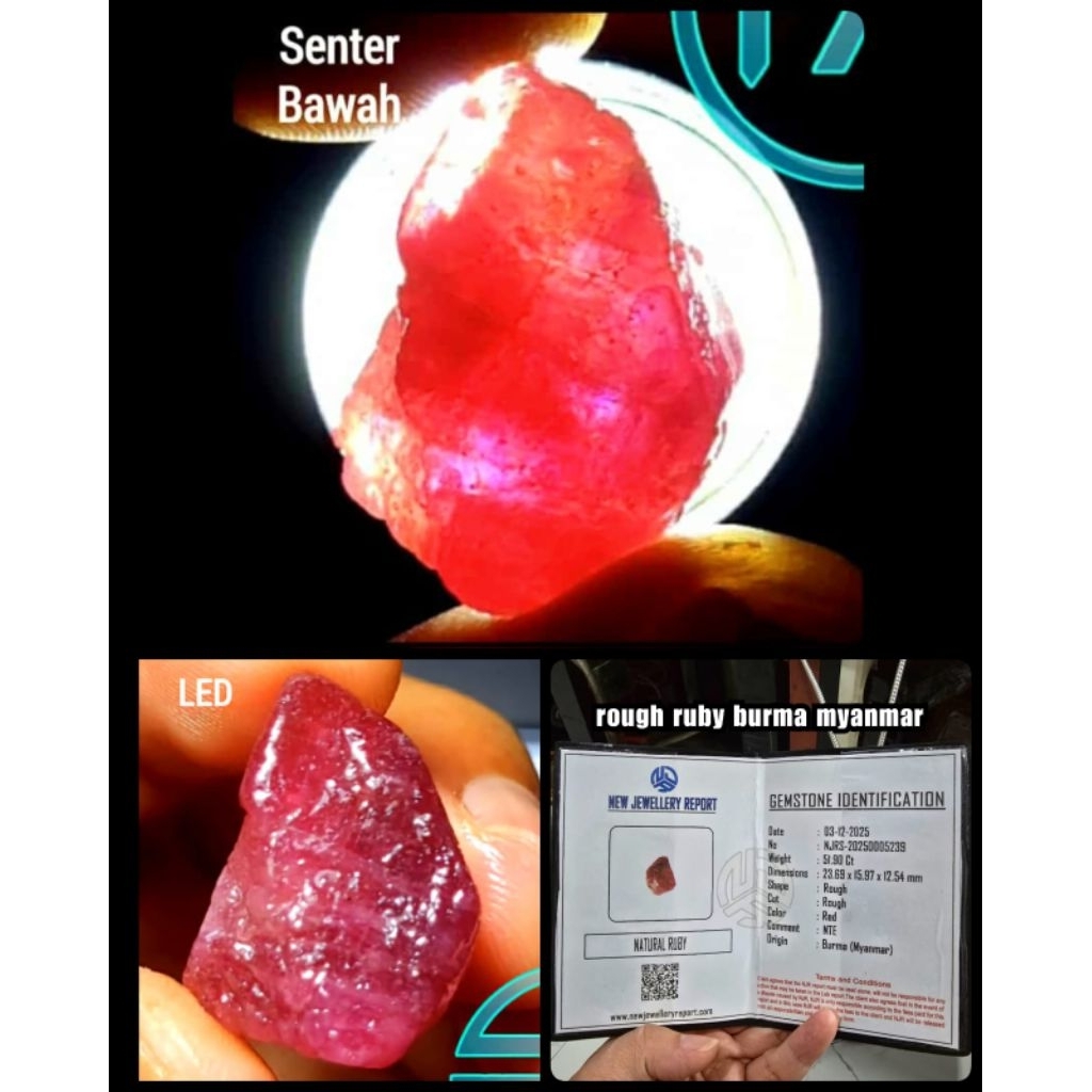 bongkahan batu Ruby Burma kristal + sertifikat lab