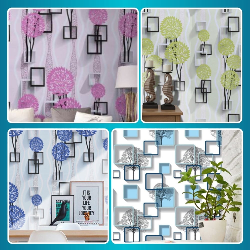 PROMO TERBAIK - Wallpaper Dinding Ruang Tamu Motif Kotak Pohon Ungu Wallpaper Dinding Kamar