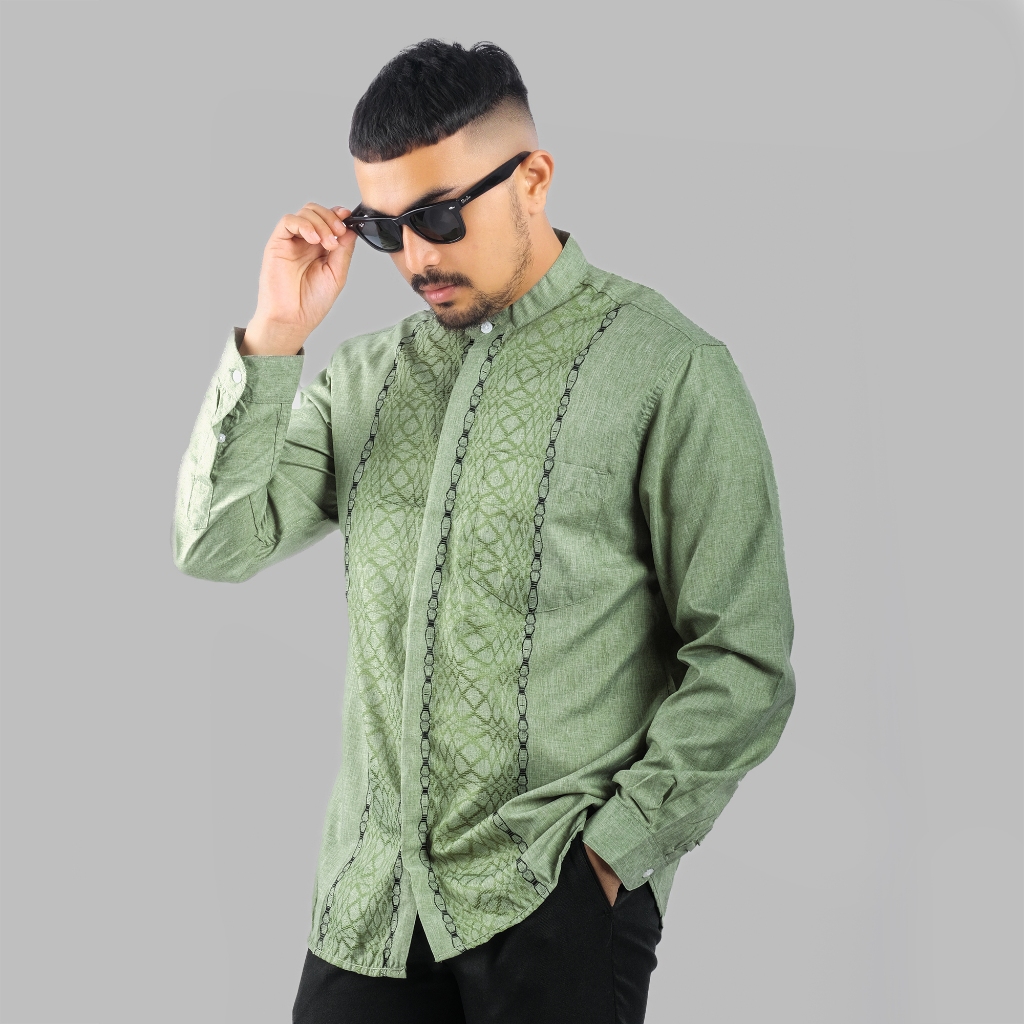 PAKAJI Baju Koko Pria Lengan Panjang Bordir Premium Hijau Sage Bordir Lilit Nusantara Baju Koko Sage