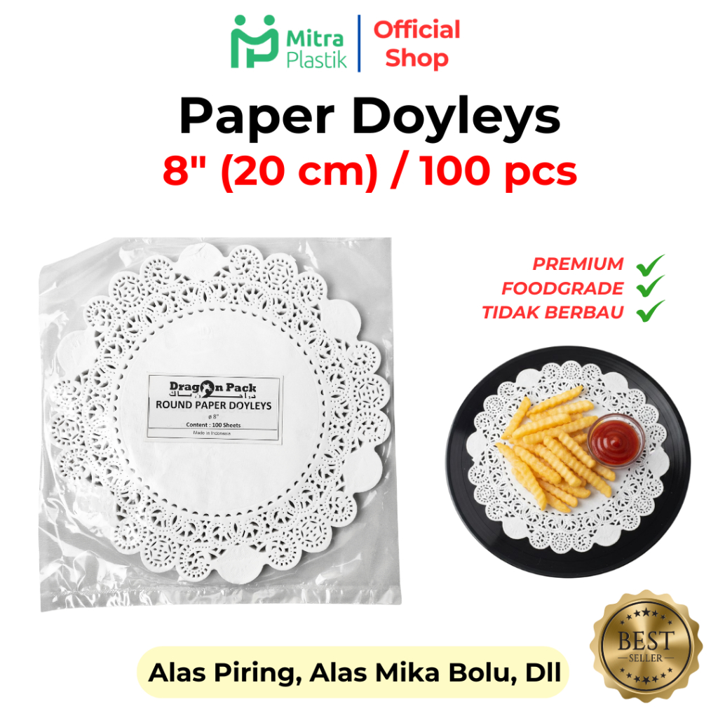 (isi 100 pcs) Paper Doyleys 8" Inch Kertas Doilies 20 cm Alas Kue Renda Round White Dragon Pack