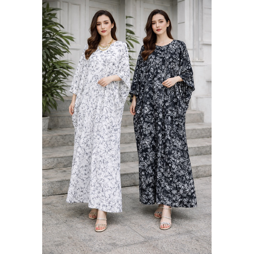 Lollybelle- Kaftan Flower Silk Dress Wanita - Kaftan Lebaran Motif Bunga Elegan - Baju Muslim Satin 