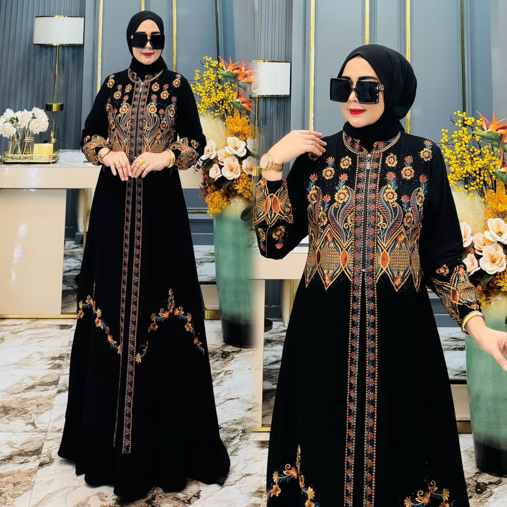 GAMIS ABAYA BORDIR MOX PERMATABUNGA SYAHRINI HITAM BUSUI BORDIR LENGAN BALON