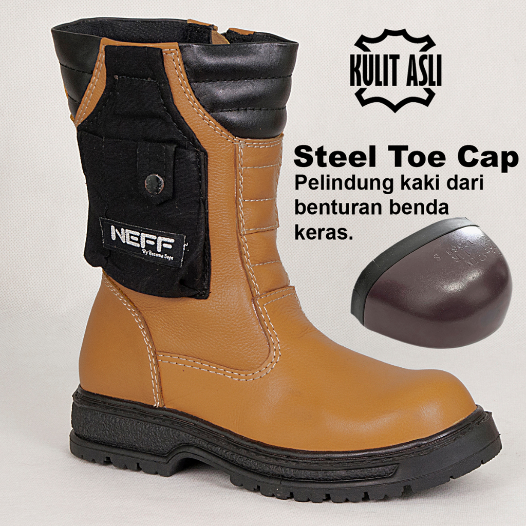 NEFF Sepatu Boot Safety Pria Kulit Sapi Sol Karet Pelindung Besi Sol Karet Untuk Proyek