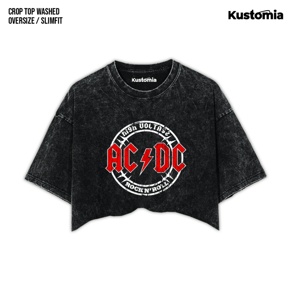 KUSTOMIA Crop Top ACDC Washed Crop Tee Black White | ACDC-4