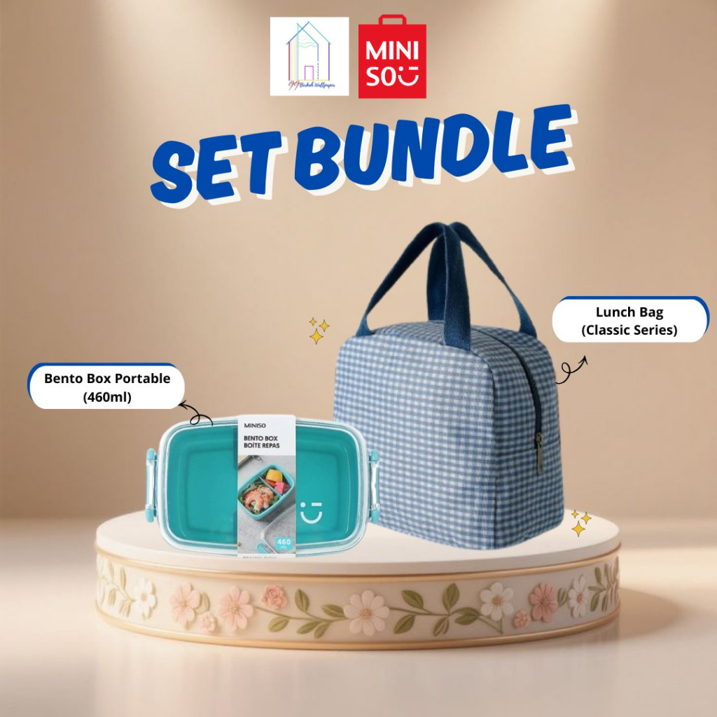 [BUNDLE KOTAK MAKAN] MINISO Kotak Makan 460ML + Tas Bekal Motif Kotak Classic