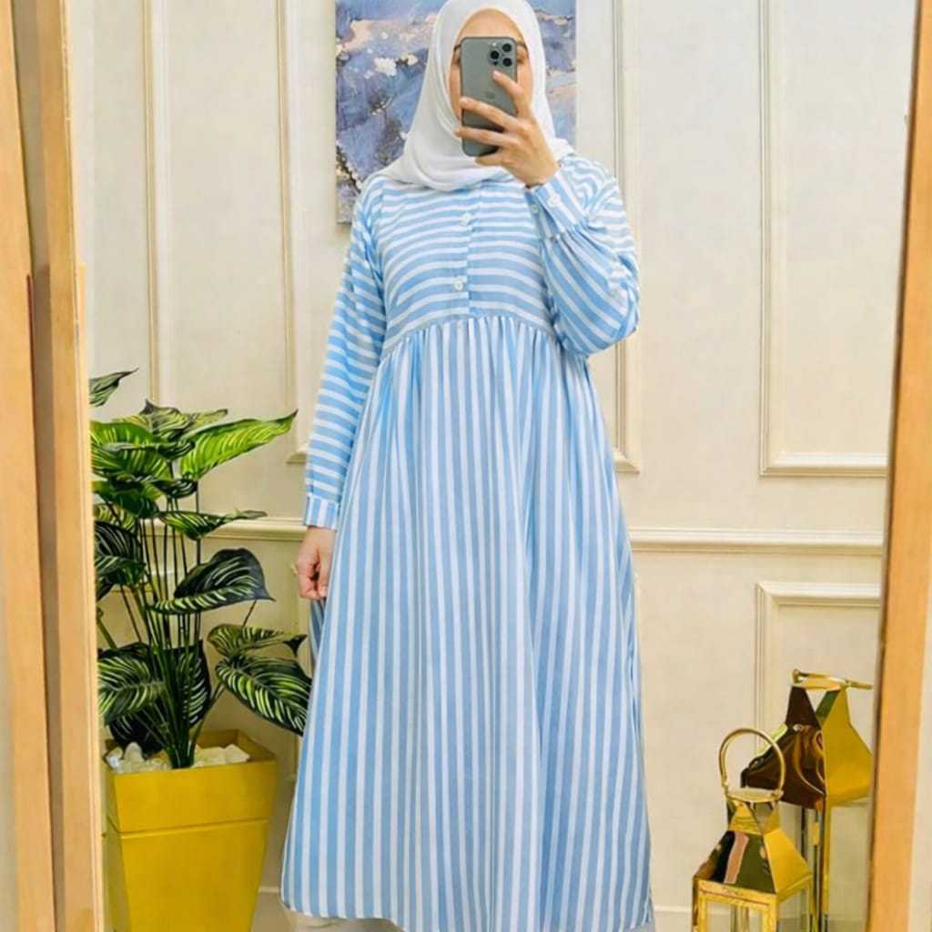 Midi Dress Terbaru 2025 - Midi Gamis Muslim Motif Salur Casual Dress Bahan Polyrayon