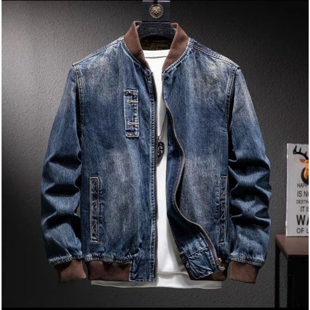 Jaket Pria Dan Wanita Rib Coklat Casual Denim Coklat Washed
