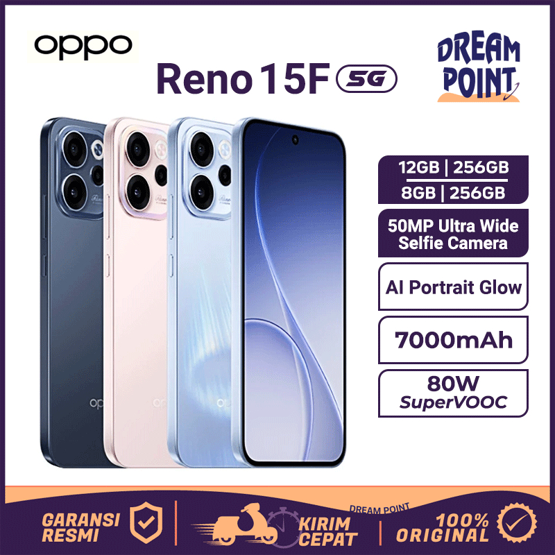 OPPO Reno 15F 5G RAM 12 HP Android Kamera Jernih 7000mAh Snapdragon 6 Gen 1 Handphone Gaming Terbaru