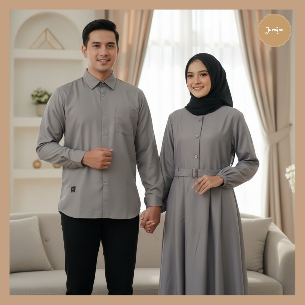 Gamis Couple Pasangan Suami Istri Harmonis Warna Abu Terbaru by Juragan Baju Muslim