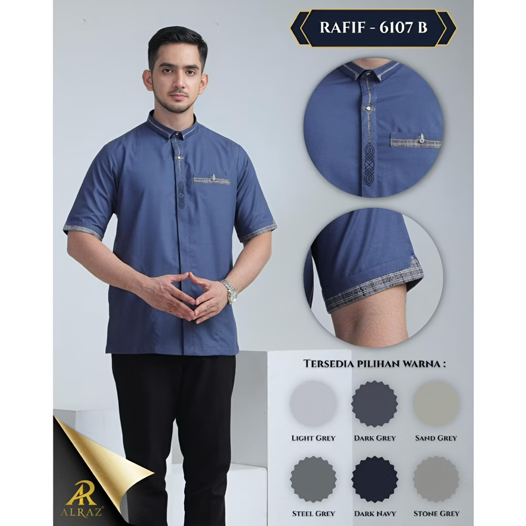ALRAZ Baju Koko Bordir Dewasa Cotton Premium Lengan Pendek Busana Muslim Pria Kemko Terbaru Koko Alr