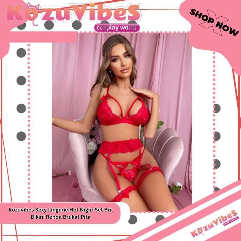 Kozuvibes Sexy Lingerie Hot Night Garter Belt Set Bra Bikini Pakaian Dalam BH Celana Dalam Renda Brukat Pita
