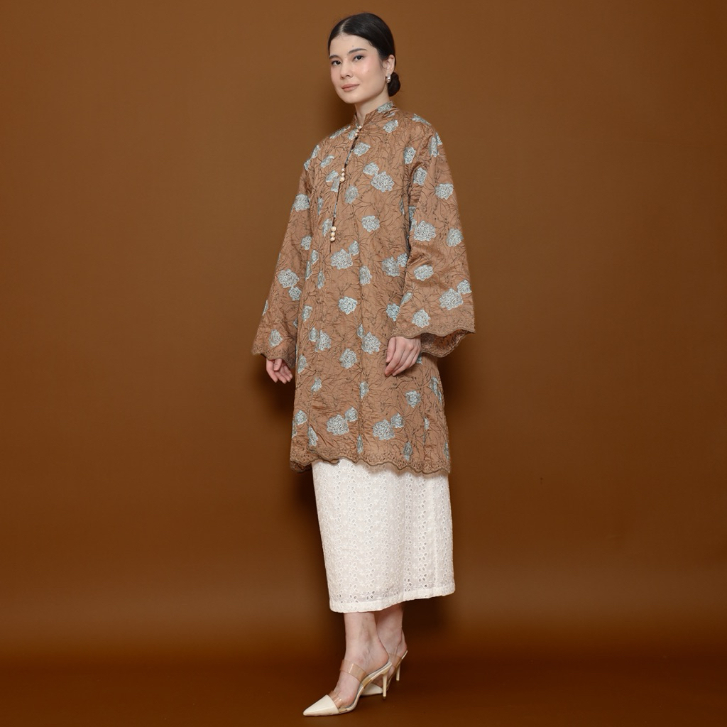 Aurelia Tunik Embroidery Premium Coklat - Atasan Wanita Muslimah Silk Textured Mewah Tunik Bordir Bu