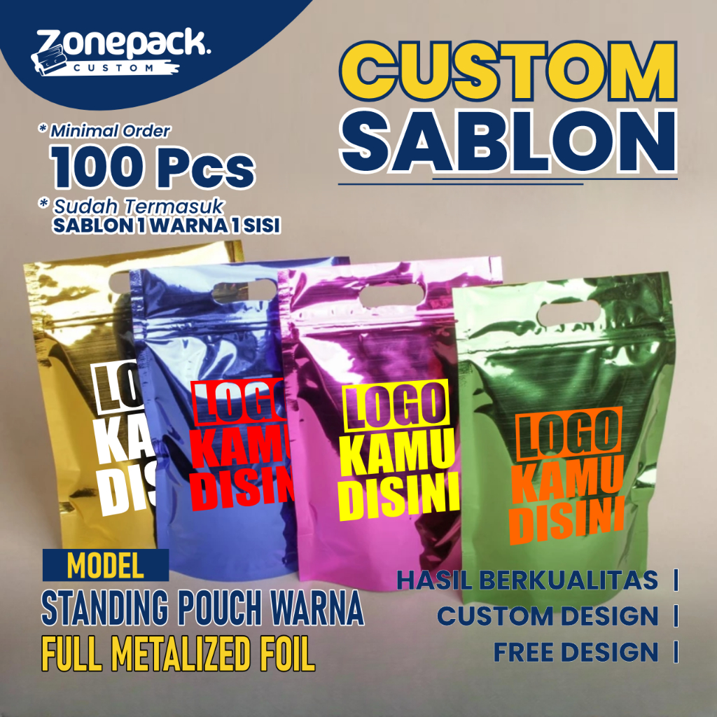 Sablon Standing Pouch Warna full Metalized Foil | Ziplock Non Windows Warna | Standing Pouch Full al