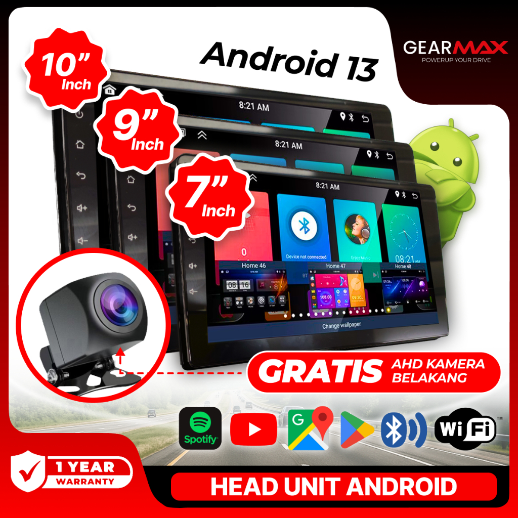 Gearmax Head Unit Android 9inch 4+32/64G 7/9/10inch + Cooling System Car Android 13  Navigasi Kamera