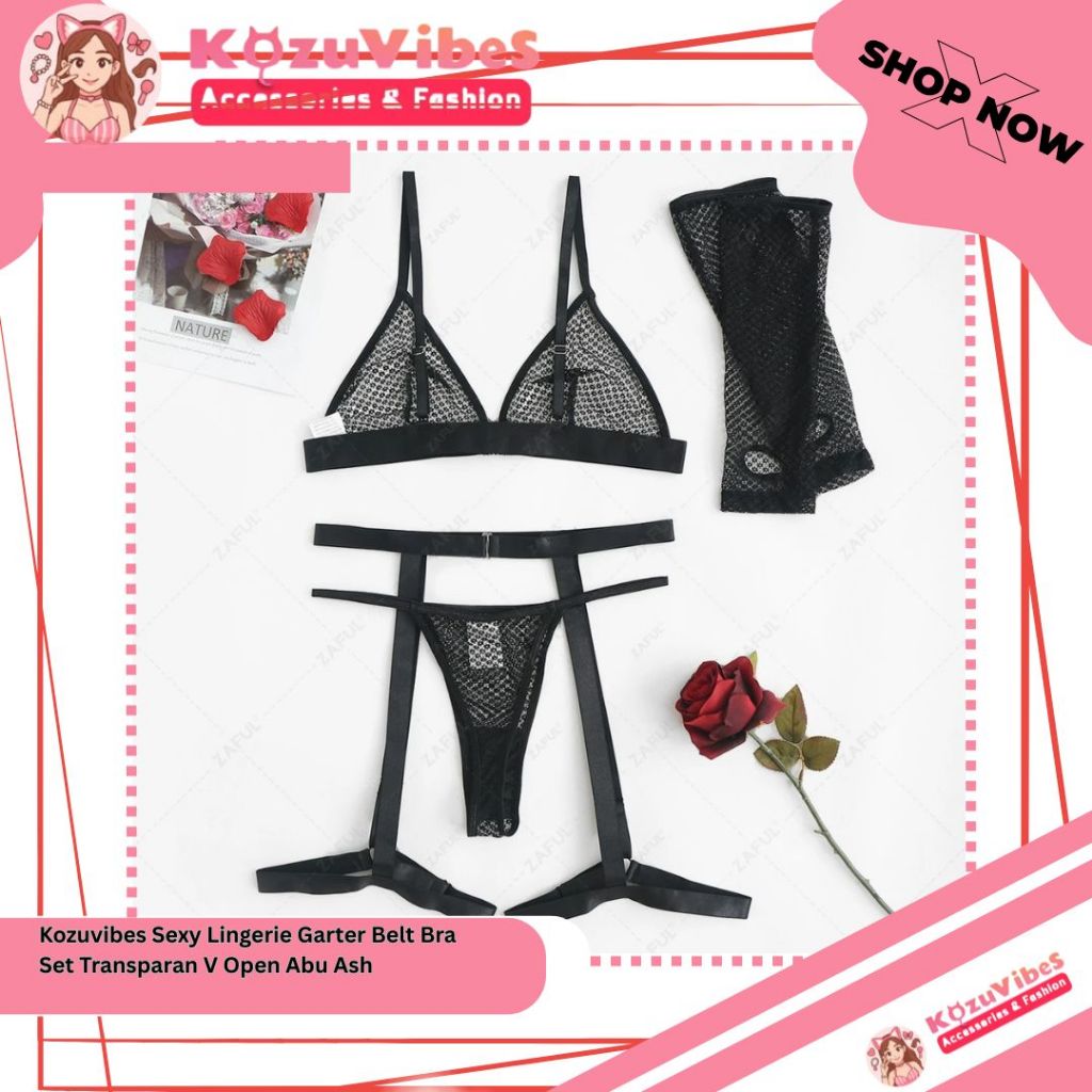 Kozuvibes Sexy Lingerie Garter Belt Bra Set Transparan V Open Abu Ash