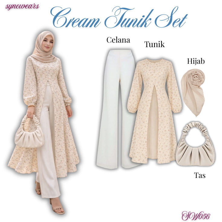 One Set 3in1 OOTD Wanita Hijab Kekinian | Hijab + Tunik + Celana + Tas | Cream Tunik Set - SW056 ala