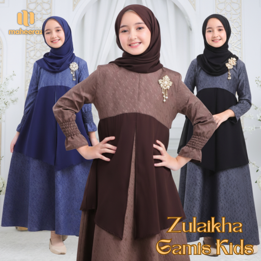 Maheeraz Zulaikha Gamis Dress Anak Baju Lebaran 2026 Hitam Coklat Biru Navy