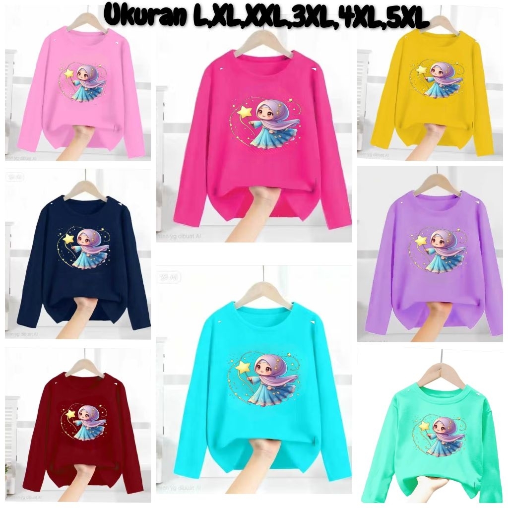 Kaos Anak Perempuan Lengan Panjang Usia 5-16 Tahun Motif Hijab Bintang//Lengan Panjang Motif Hijab B