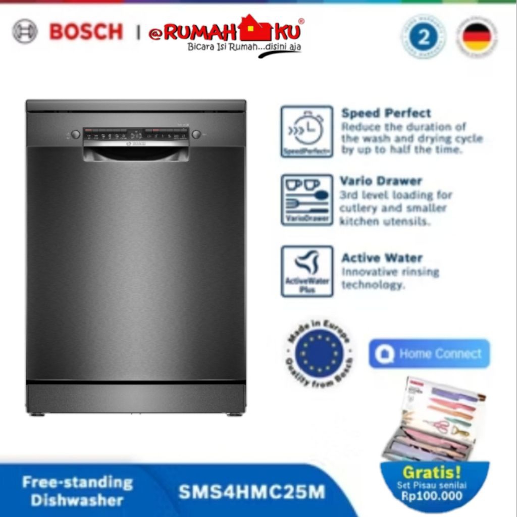 Bosch SMS4HMC25M Seri 4 Black Inox Freestanding Dishwasher
