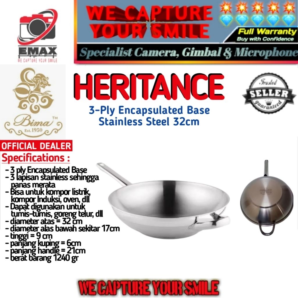 BIMA Western Wok Heritance 32cm Stainless 3ply Induction Asian Wok Kuali 32cm Fry Wok Pan