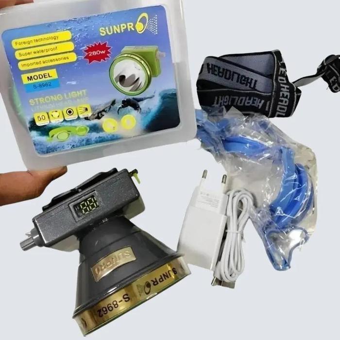 SENTER SELAM SUNPRO S-8962 280watt Senter Kepala Waterproff senter kepala putar include kacamata
