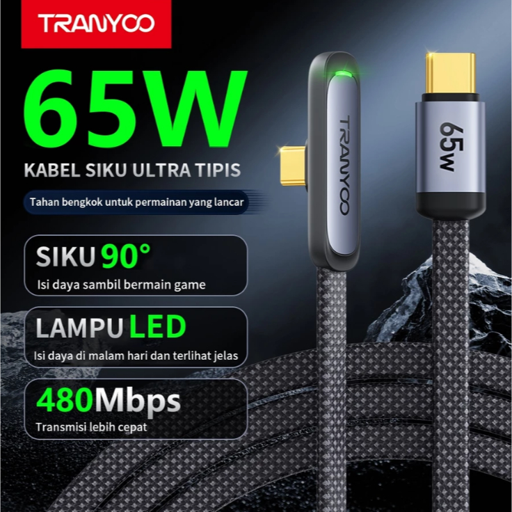 TRANYOO Kabel Data 65W Type-C ke Type-C / Lightning 30W dengan desain siku 90 derajat cocok untuk iP