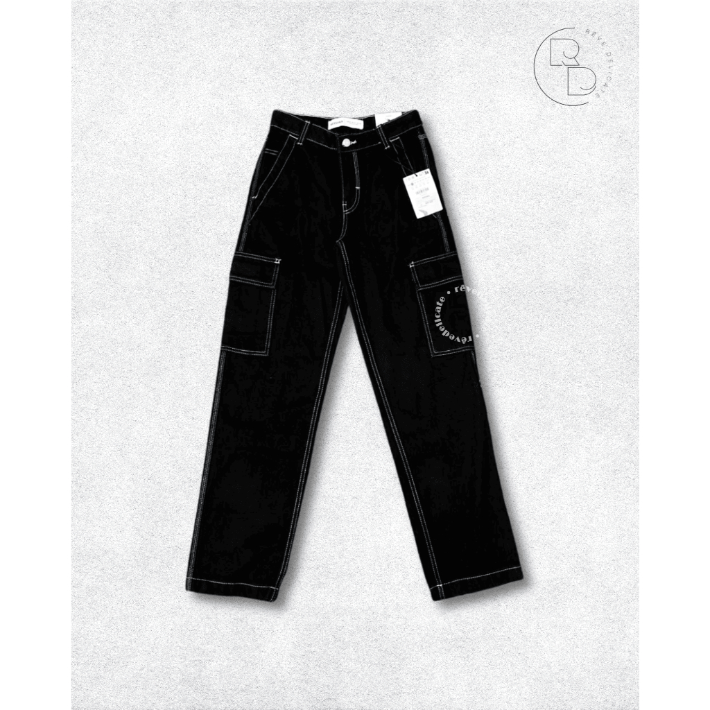 Bershka Cargo Jeans Hitam Unisex Size 32 | Celana Cargo Denim Wide Leg | Black Stitching Pants | Str