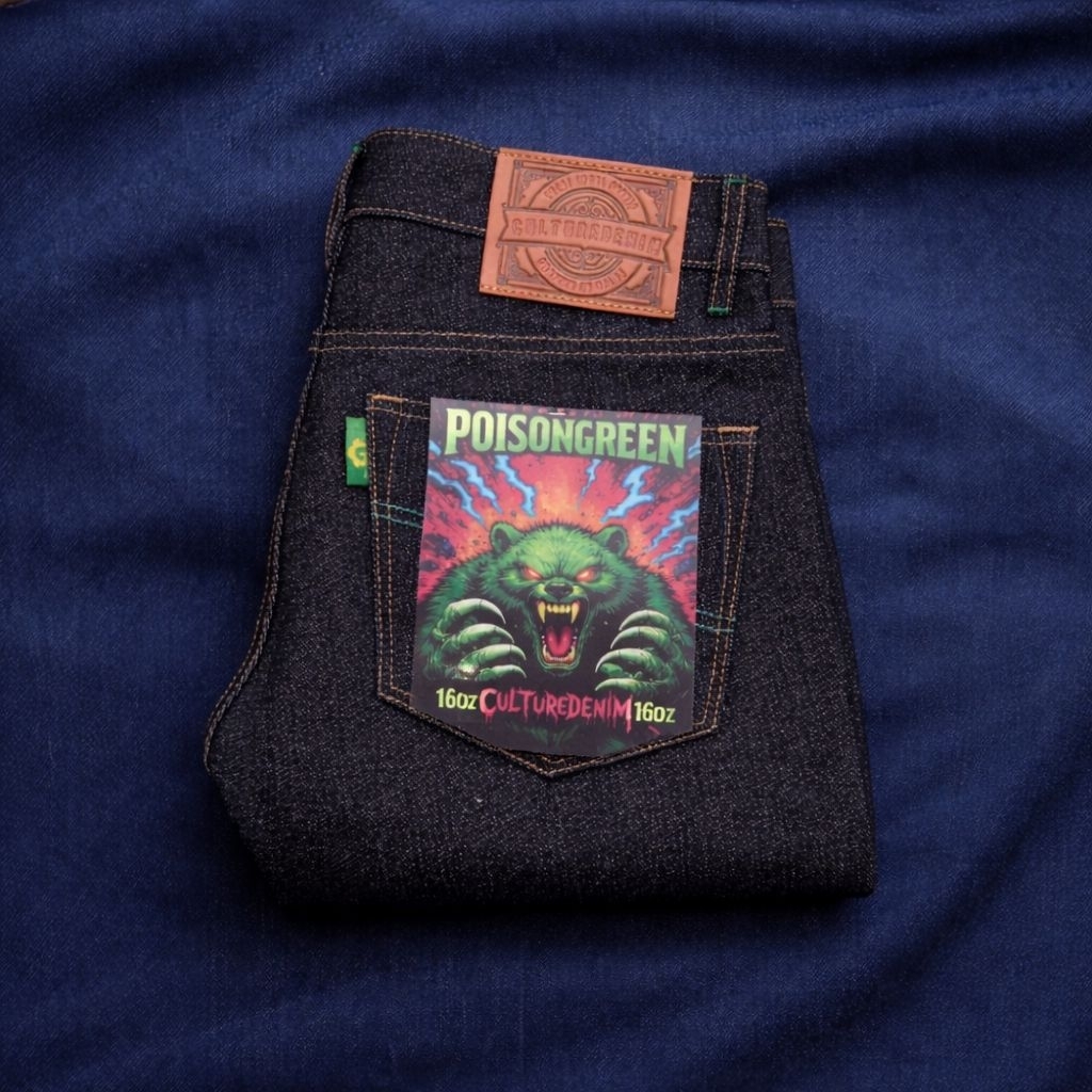 Culturedenim - Poisongreen - 16oz Celana Jeans Pria Selvedge Accent- Raw Denim Unsanforized Greenlin