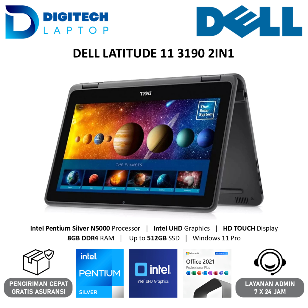 Laptop Touchscreen 2in1 Dell Latitude 3190 Intel Pentium Silver N5000 8GB 512GB SSD 11.6 Inch Win11