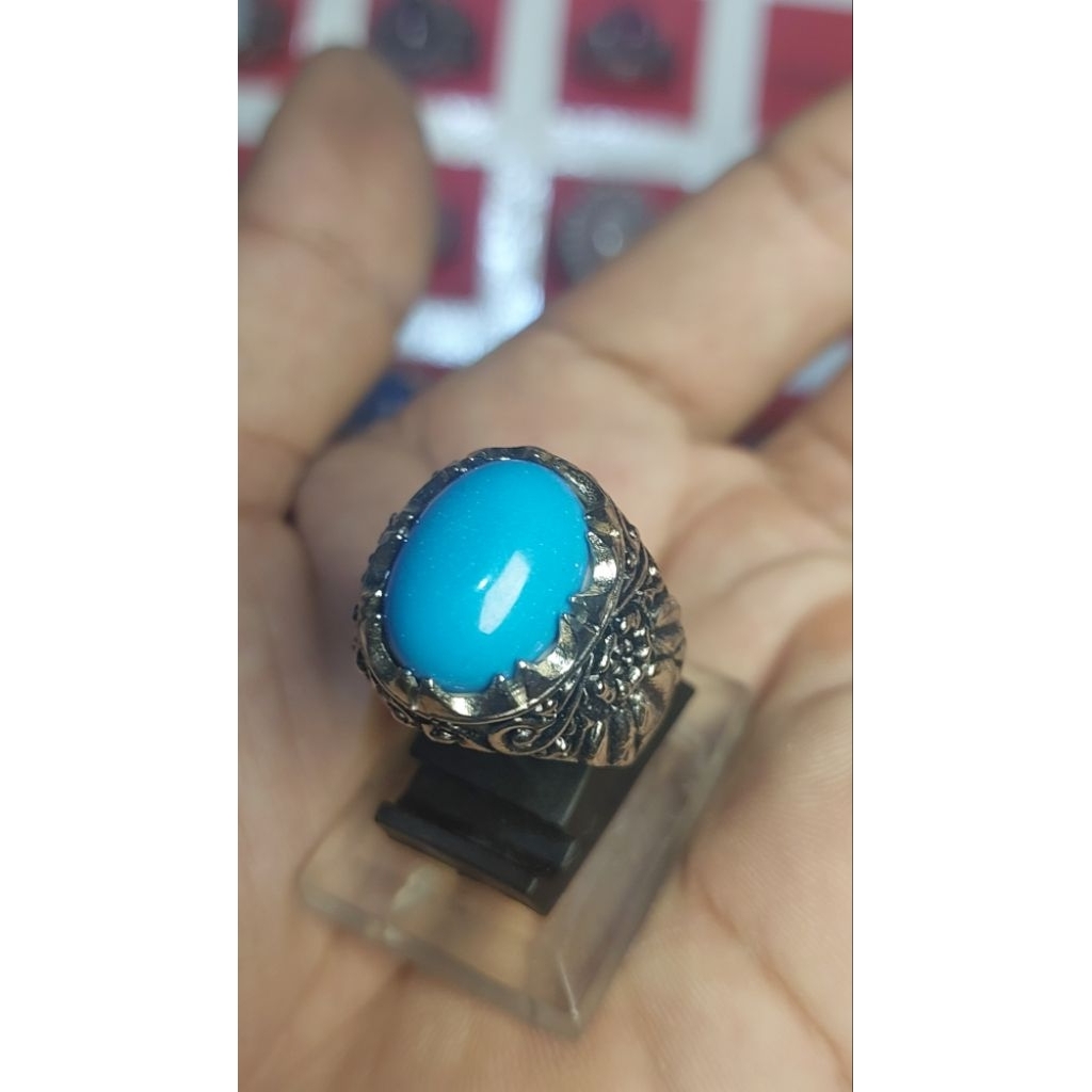 Cincin batu akik pirus biru polosan