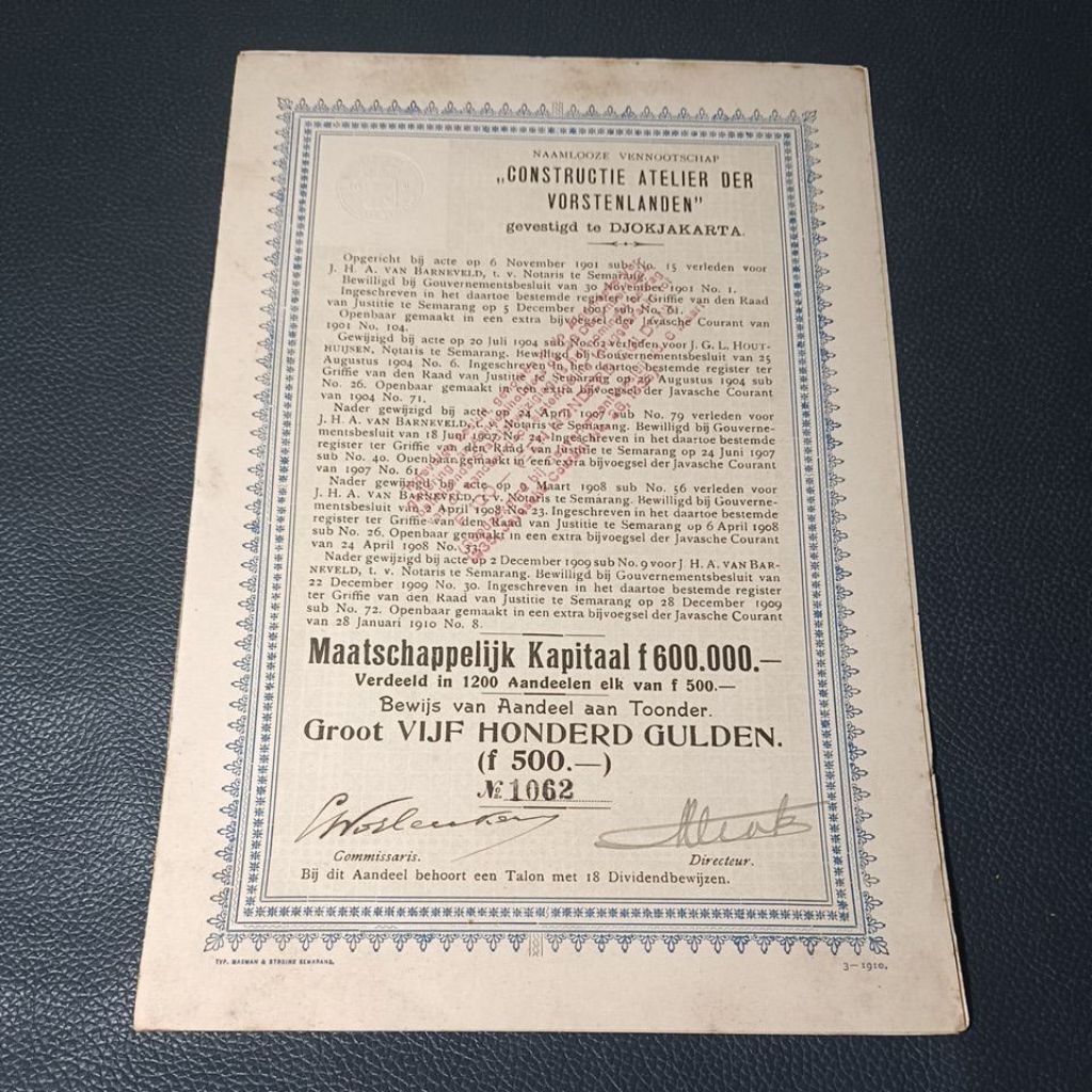 Obligasi Langka era penjajahan belanda di kota Djogjakarta tahun 1901 dengan segel embos 10 Gulden