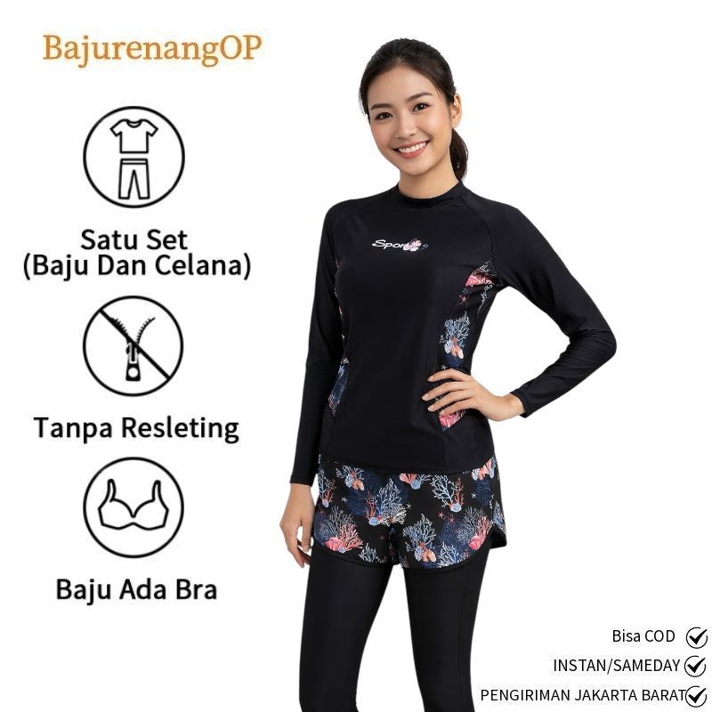 31013 Baju renang dewasa wanita remaja cewek satu set lengan celana panjang antiuv