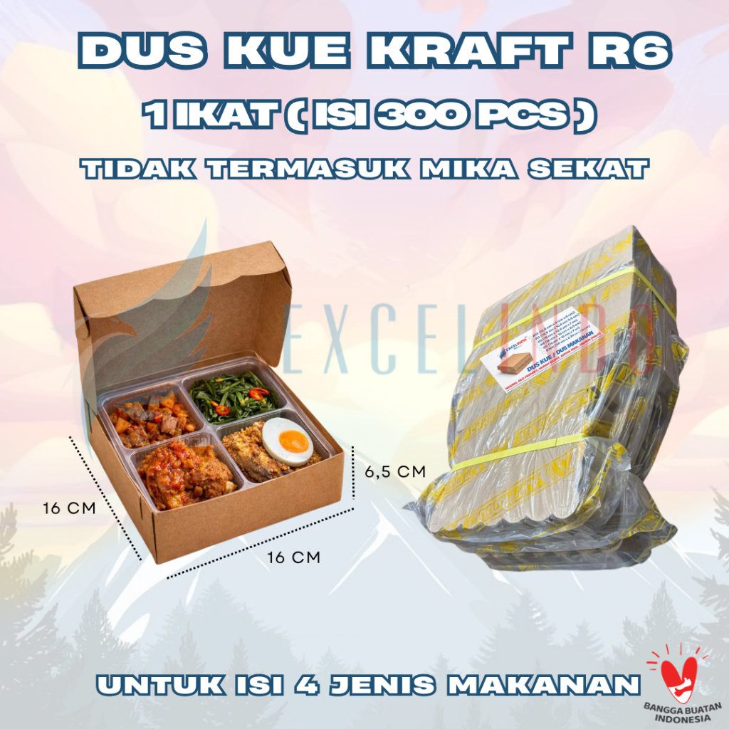 (1 Ikat Isi 300 pcs) EXCELINDO Kotak Dus Kue / Dus Makanan R6 Kraft (16 cm x 16 cm x 6,5 cm)
