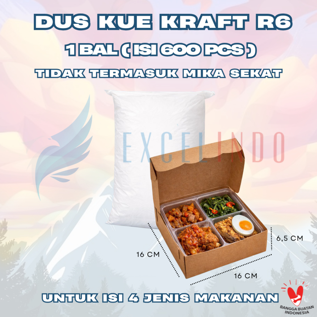 (1 Bal Isi 600 pcs) EXCELINDO Kotak Dus Kue / Dus Makanan R6 Kraft (16 cm x 16 cm x 6,5 cm)