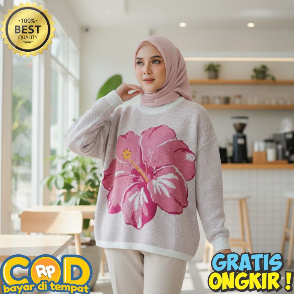 Sweater Rajut Wanita premium motif Bunga Ganeva, Atasan rajut wanita motif Ganeva Korea style Allsiz
