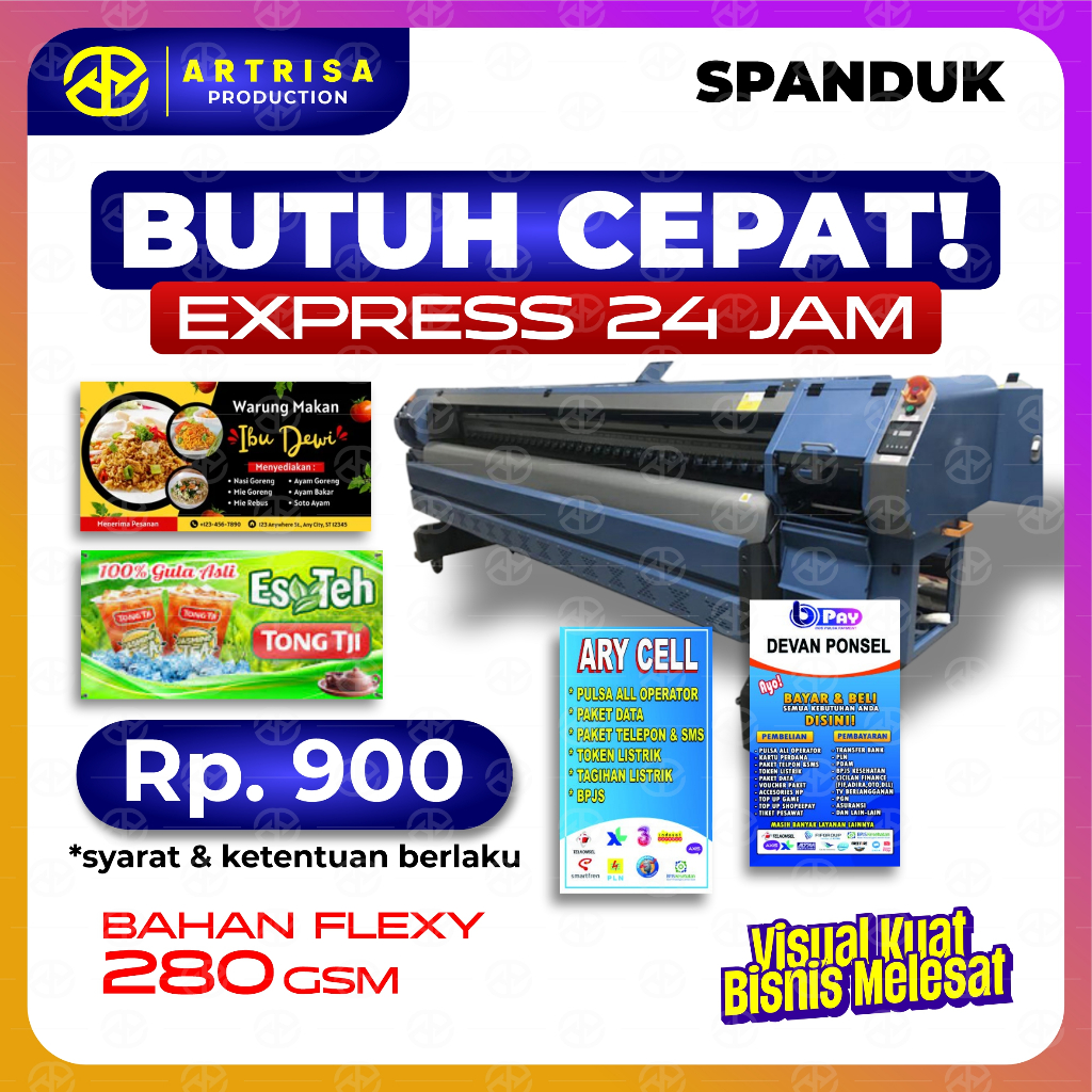 CETAK SPANDUK EXPRESS FREE DESAIN 1 HARI SIAP | SPANDUK PONSEL SPANDUK BRILINK ES TONG ES TELLER CUS
